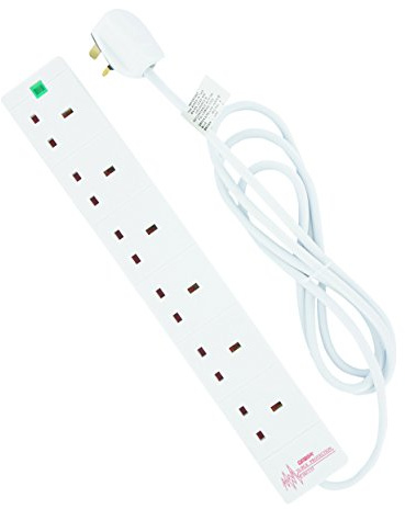 Omega 2 m Surge Protected Extension Lead with 6 Way Output Socket - White
