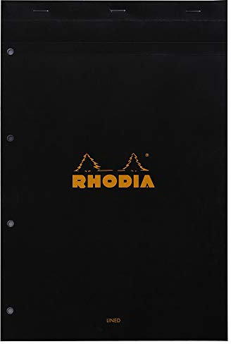RHODIA 206009C - Stapled Notepad N°20 Black - A4+ - Ruled - 80 Detachable Sheets 4-Hole Punched - 80G White Clairefontaine Paper - Soft and Resistant Coated Card Cover - Basics