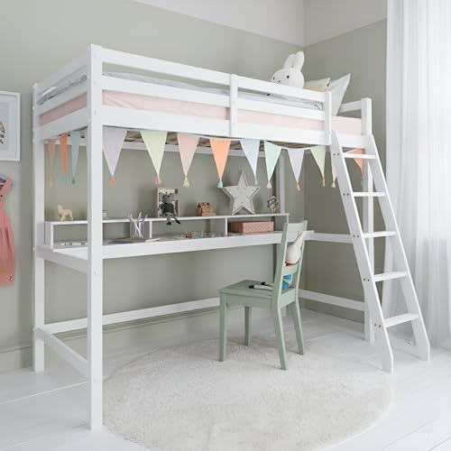 Noa and Nani Cabin Bed Kids High Sleeper with Desk in White, Bunk Bed