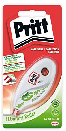 Pritt Korrektur Roller Ecomfort, mit einer ergonomischen seitlichen Anwendung ohne Verschmieren und einem Gehäuse aus überwiegend natürlichem Plastik, Einwegprodukt, 4,2mm x 8,5m