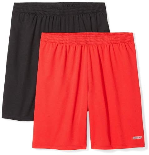 Amazon Essentials Men's Athletic Basketball Gym Shorts, Breathable Moisture-Wicking Loose-Fit with Elastic Waist, Pack of 2, Black/Red, M