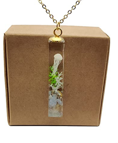 Jellyfish 3D Seabed Undersea Sea Ocean Glow in the Dark Cube Resin Pendant 18k Gold Plated Necklace for Women Handmade