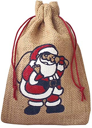 5 naturfarbene Jutebeutel, Jutesäcke mit farbigem Weihnachtsmann Motiv, Nikolaus, Geschenkverpackung, Weihnachten, Dekoration, Santa Claus, Geschenk, Advent, Winter, Weihnachtsfest (23x15 cm)