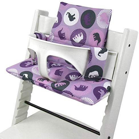 BambiniWelt Sitzkissen Auflage Sitzkissenset für Stokke Tripp Trapp Hochstuhl Ersatzkissen Kissen 2-teilig (lila Elefanten)