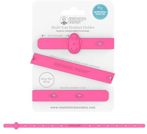 Matchstick Monkey, Antimicrobial Silicone Multi-Use Product Holder Strap for Teether, Bottle and more in Stroller, Car and Highchair, 3 Months Old+, 55 cm, Pink