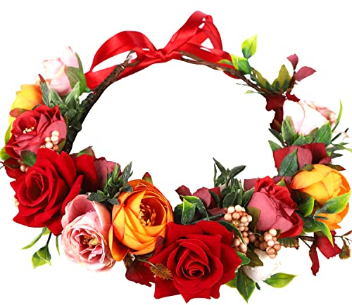 HuaLiSiJi Blumenkrone Boho Haarkranz Blumen Hochzeit Blumenkranz Haare Rot, Schön Gearbeitet der Blumenkrone, Individuell Einstellbar Durch Ein Band (Rot)