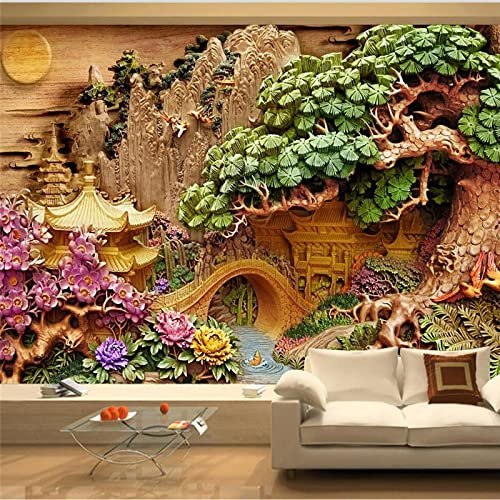 XTSWallpaper Auto Adhésif Stickers 3D Muraux - 400X280Cm Vert Arbres Fleurs - Papier Peint Murales Panoramique 3D Papier Peint Personnalisé Photo Murale Cafe Tv Fond Peinture Murale