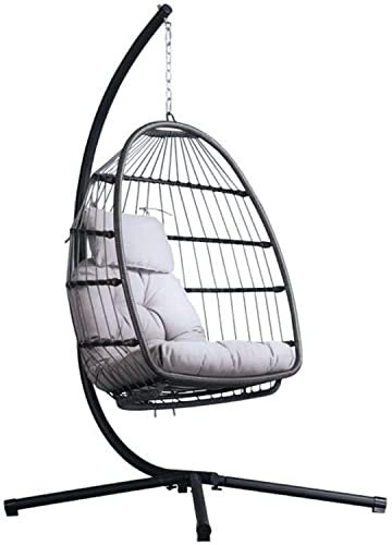 Livingshire Foldable Hanging Egg Chair | Rattan Weave Egg Garden Chair with Stand | Hanging Swing Chair for Garden, Patio, Outdoor, and Indoor (Grey)