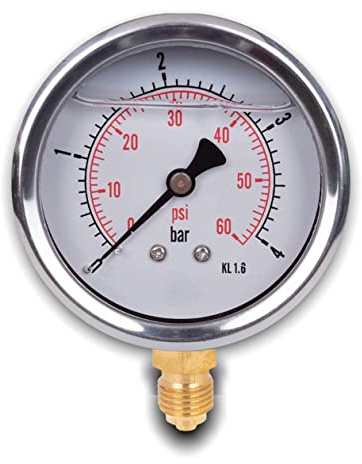 Dpm Tapes - Glycerin-Manometer 304G, radialer Anschluss unten G1/4, 63-mm-Zifferblatt, Doppelanzeige bar/psi, Klasse 1,6, IP65, 0-4 bar