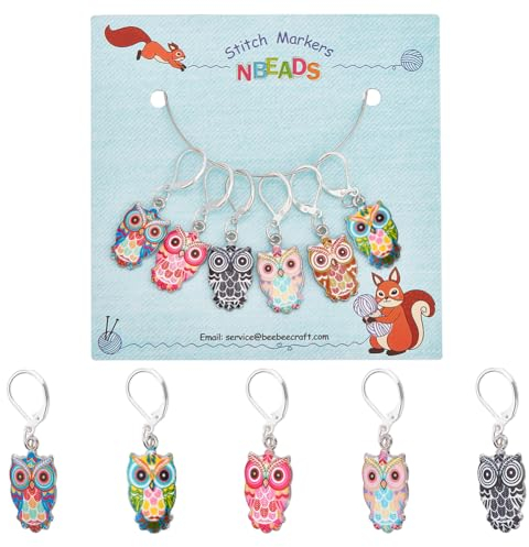 nbeads 6 Stück Eulen Maschenmarkierer, 6 Farben Legierung Emaille Häkelstichmarker Charms Verriegelungsstichmarker Zum Stricken Weben Nähzubehör Quilten Handgemachter Schmuck