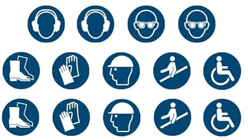 14 Aufkleber Mix - ø 9,5cm - Gehörschutz Schutzbrille Fußschutz Handschutz Kopfschutz Handlauf Rollstuhlfahrer je 4 Stück - UV- und witterungsbeständig - ISO 7010 - Gebotszeichen Schild (9,5 cm, Mix)