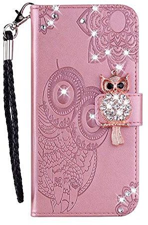 For Samsung S23 Ultra Case Owl Glitter Sparkly Gems Flip Case Stand Leather Wallet Phone Cases Card Slots Magnetic Silicone Bumper Shockproof Cover Phone Case for Samsung Galaxy S23 Ultra Pink