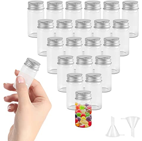 REFORUNG 48 Stück 25ml kleine Glasflasche Glas Reagenzgläser mit Schraubverschluss Aus Aluminium Klare Flüssigkeitsprobe Fläschchen Luftdichte Flaschen mit 2 Trichter für Hochzeit Party Zubehör