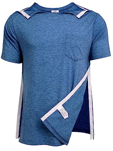 Deyeek Herren-Hemden, nach Schultern, Operationen, zum Abreißen, kurze Ärmel, offene Seite, Schnappverschluss, adaptive Chemo-Kleidung, Dunkelblau, Mittel
