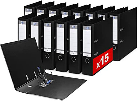 OXFORD 15 Stück Ordner mit Hebel, Smart Pro+, A4XL, Rücken 80 mm, 2 D-Ringe, Einband aus Polypropylen, Schwarz