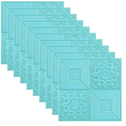 Lot de 10 panneaux muraux 3D, 35 x 35 cm, carreaux muraux autocollants, carreaux muraux en pierre douce, panneaux de mousse pour salon, chambre à coucher, décoration - Bleu
