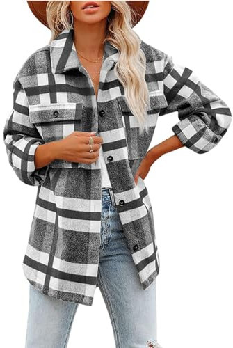 Buliezy Femme Veste Chemise à Carreaux Veste épaisse Automne Hiver Shacket Manteau Chaud Chemisier à Manches Longues,Blanc Noir XXL