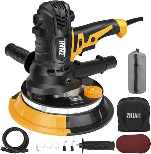 ZHJAN Levigatrice Per Muro 900W,Levigatrice a Secco1400-2700RPM,trasmissione a 5 velocità,Luce LED, Aspirazione Polvere Automatica,Tubo Flessibile e 12 Dischi di Levigatura,Smerigliatrice da parete