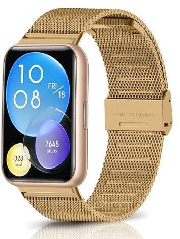 KoGiio Armband Kompatibel mit Huawei Watch Fit 2, Männer und Frauen Atmungsaktiv Ersatzarmband, Gewebte Edelstahl Mesh Metall Uhrenarmband Kompatibel mit Huawei Watch Fit 2 - Gold