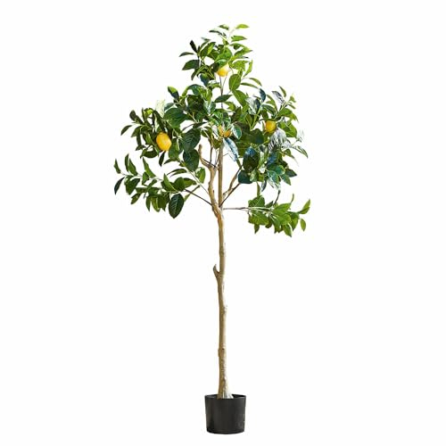 Loberon Deko-Baum Darfield, täuschend echte Zitronenbaum-Optik, mediterranes Flair, integrierter Übertopf, Kunstpflanze, Outdoor, Polyethylen, Eisen, Zement, grün/gelb