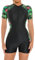ECUPPER Womens Short Sleeve Rash Guard One Piece Swimsuit Zipper Wetsuit Swimwear Surfing Suit with Boyleg Green Leaf