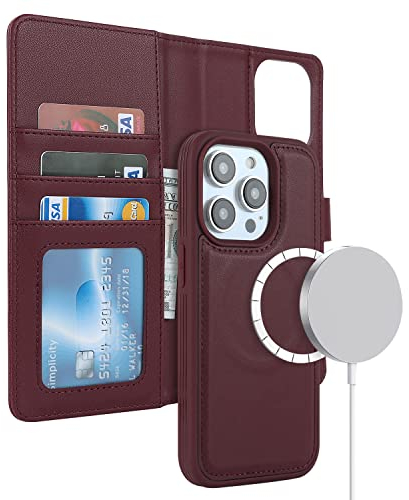 ELTEKER Hülle für iPhone 14 Pro Max Handyhülle [Abnehmbare Magnetische] [Kabelloses Laden] Klapphülle Schutzhülle Lederhülle Weinrot