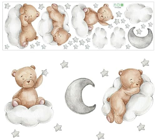 Adesivi Murali Bambini, Orso Nuvole Adesivi da Parete Animali Orsi Nuvole Luna e stelle Wall Sticker Orso che Dorme da Muro Per Cameretta per Babyroom Camerette dei Bambini Asilo Nido Decorazione