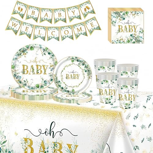 Sage Green Baby Shower Party Tableware,70pcs Baby Birthday Dinnerware Sage Green Eucalyptus Paper Plates Cups Napkins Tablecloth and baby Welcome Banner for Girls,Boys Baby Shower Party