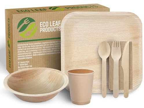 ECO Leaf 175 Pcs Disposable Palm Leaf Dinner Set | 25 X 10 Square Plates, 7 Round Bowls, 8oz Bamboo Paper Cups, Wooden Cutlery Set | Eco-Friendly, Biodegradable Heavy-Duty for Wedding, Party, Picnic