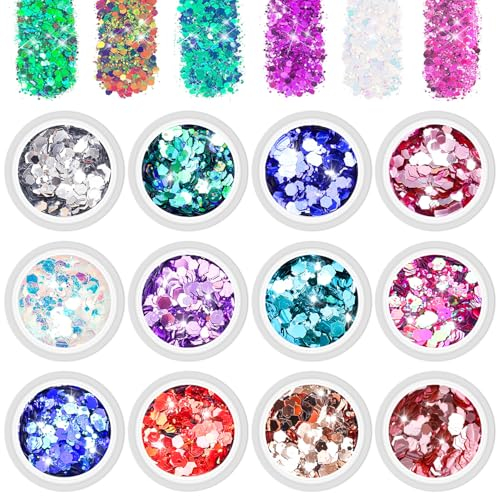 BISHENGYF Lentejuelas Purpurina Cara, Glitter Maquillaje 12 Colores - Brillos para la Cara y Pelo, Festival Brillo para Ojos y Cabello, Shimmer Cromo Pigmentos DIY