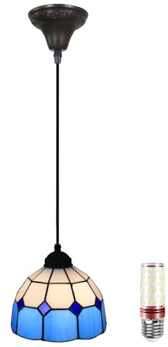 Uziqueif Pendelleuchte Vintage, Tiffany Style Hängeleuchte, 8 zoll Pendellampe Glas, Hängelampe für esszimmer, Wohnzimmer, Küche, Schlafzimme, Hängend Deckenlampe, Höhenverstellbar,Blau