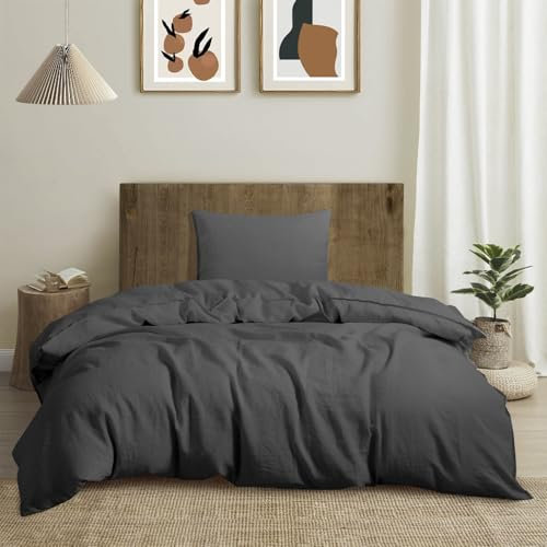 CHUFFED Leinen Bettwäsche 135×200 2teilig Bettwäsche-Sets 100% Naturleinen Bettwäsche-1 Bettbezug 135×200 cm + 1 Kissenbezug 80×80 cm mit Reißverschluss, Weich Atmungsaktiv, Dark Grey