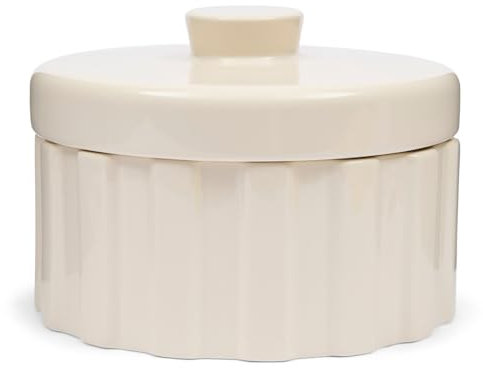 Riviera Maison Vorratsbehälter mit Deckel Weiß, Vorratstopf, Küchen Vorratsdose - Clay Ribbed Steingut Topf Rund - Porzellan - Handgefertigt - (ØxH) 23x16