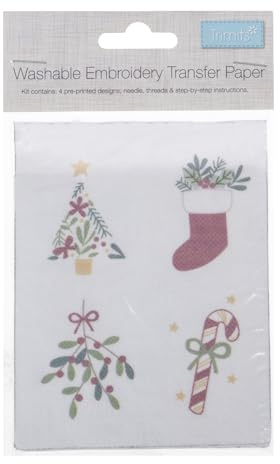 Trimits Weihnachtsstickerei-Designs - 4 Designs, Transferblätter mit waschbaren, wasserlöslichen vorgedruckten Mustern für Strümpfe, Servietten, Pullover, Anleitung, Faden, Nadeln enthalten