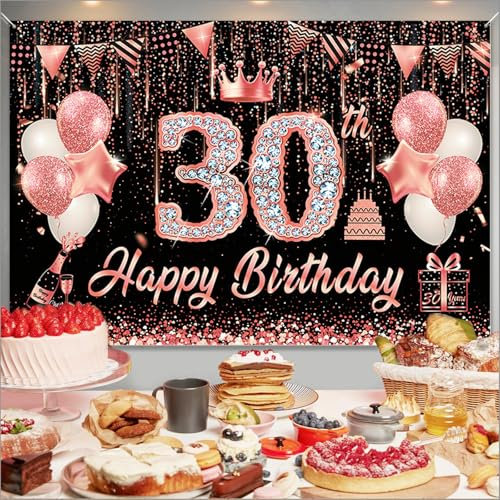 30th Birthday Backdrop Banner, Rose Gold Black Fabric Birthday Decoration for Women Men, 150x110cm Poster Party Photo Background, 30-Year Old Party Supplies for Indoor and Outdoor Anniversary Party