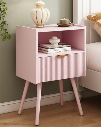 JOONEE Schwarzer Nachttisch, moderner Nachttisch mit Schublade und offenem Holzregal (Rosa)