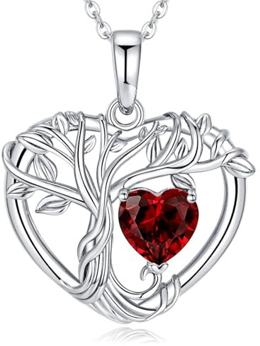 LOCIBLO Tree of Life Necklaces for Women 925 Sterling Silver Heart Pendant White Gold Red Synthetic Garnet Necklace January Birthstone Jewellery for Her, 18+2