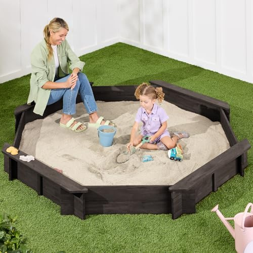 Best Choice Products Grand bac à sable octogonal en bois pour enfant avec housse avec 4 bancs renforcés, 8 places, bac à sable XL, doublure inférieure – Espresso