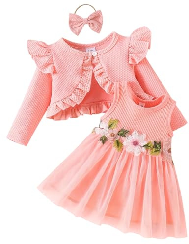 IDOPIP Baby Mädchen Kleid Strickjacke Sets 3 Stück Neugebore Kleidung Mantel+Kleid+Stirnband Frühling Sommer Herbst Winter Langarm Jacke Ärmellos Kleid für Hochzeit Weihnachten