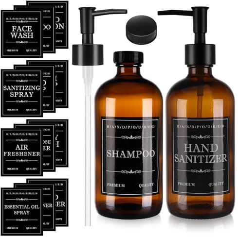 2 Pack Amber Glass Soap Dispenser, 500ML Brown Kitchen Soap Dispensers, Glass Hand Dish Soap Dispenser Refillable Amber Glass Bottles with Labels for Bathroom, Kitchen, Laundry Room,Countertop
