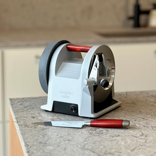 Tormek T-1 Kitchen Knife Sharpener in Linen White with Red Birch Handle (UK Version) | Patented Angle Guide - Knife Sharpening Machine for European&Japanese Style Kitchen Knives - for Home Cooks