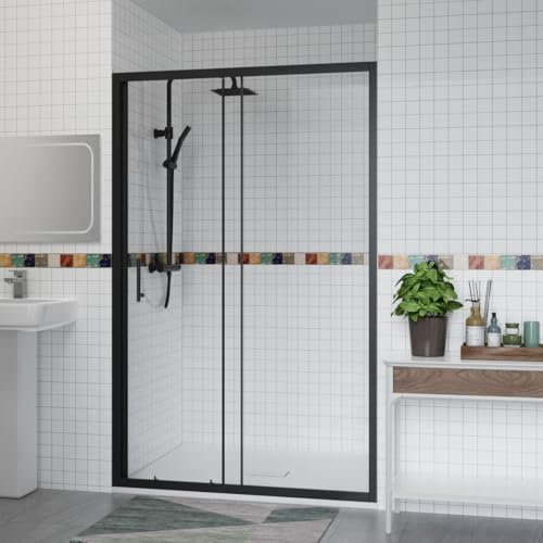 Aquariss 1200x800mm Shower Enclosure Wetroom Cubicle Matte Black with 1200mm Sliding Shower Screen Door 6mm Easy Clean Glass, White SMC Anti Slip Shower Tray and Free Waste