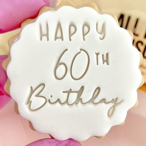 Stampino per biscotti con scritta Happy 60th Birthday, adatto per biscotti M & S, ideale per glassa fondente, 60° compleanno, riutilizzabile, segni e spencer per bomboniere, taglierina abbinata
