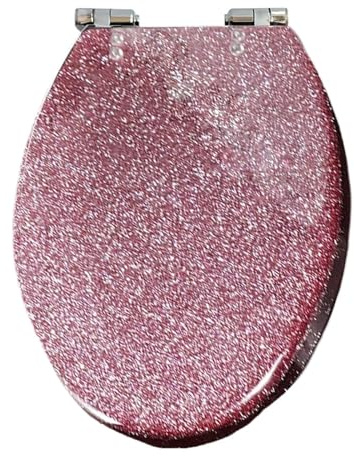WC-Sitz aus Glitzer-Harz, Absenkautomatik, Schnellverschluss mit Silberfolie, ovale Form, strapazierfähig, passend für längliche und D-förmige Toiletten, Rosa (Rosa)