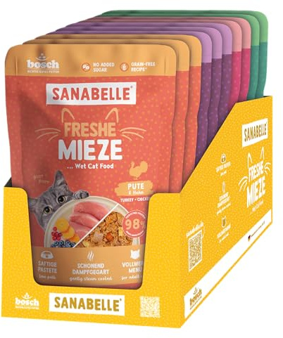 Sanabelle Freshe Mieze - Mixtray | 10 x 100 g Mixpack | 4 leckere Sorten Katzenfutter zum Probieren | Dampfgegartes Nassfutter für Katzen wie frisch gekocht