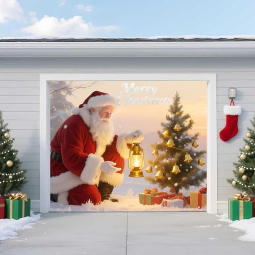8 * 7ft/2.4 * 2.1m,Weihnachts Garagentor Banner – Outdoor Weihnachtsdeko mit Weihnachtsmann, Tannenbaum & Geschenken – Große Wasserdichte Wiederverwendbare Abdeckung für Haus, Garten, Party