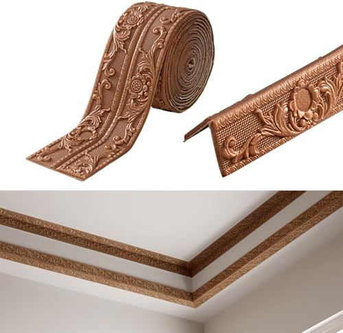Inscrip Bordüre Selbstklebend, 5M*10cm*8mm, 3D Stuckleisten Wand, Zierleisten, Wasserdicht Wandbordüre, Leisten Selbstklebende,Roll Border Trims für Ecken Linien Decken Dekoration (Braun)