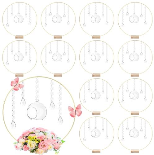 Leinuosen Metal Floral Hoop Centerpieces with Wood Stand Garland, 20 Pack