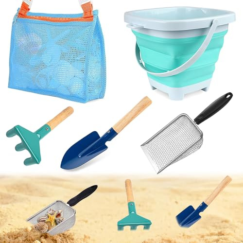 Dhqkqg Lot de 5 Jouets de Plage,Seau de Plage Pliable,Pelle de Plage en Maille avec Sac de Plage en Maille,Pelles Métalliques,Râteau,Jeux De Plage,pour Ramasser Les Coquillages