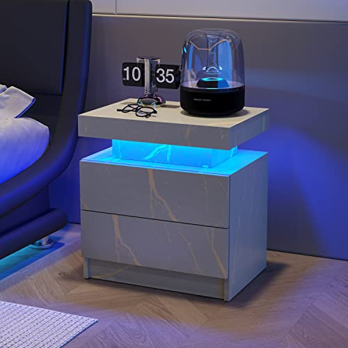 VIEKOS Nachttisch LED Beistelltisch modern mit 2 Schubladen - Beleuchteter Nachttisch fürs Schlafzimmer in Grau Gold